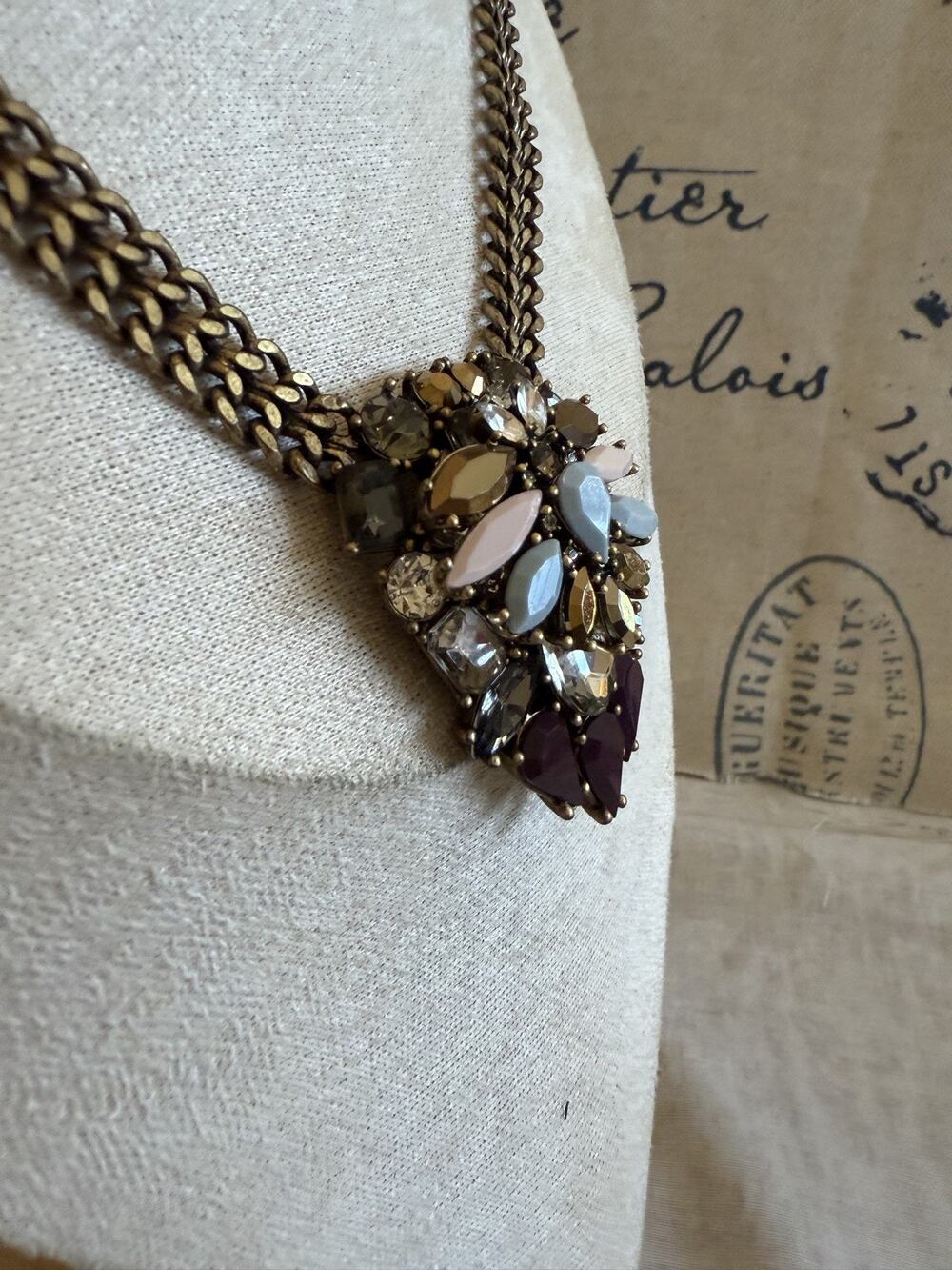 J Crew Art Deco Style Pink Blue Plum Crystal Resin Cluster Brass Chain Necklace